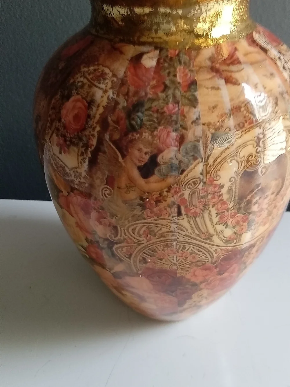 Vintage Victorian Cherub Rose Decoupage Ceramic Vase Gold Rim Cottagecore